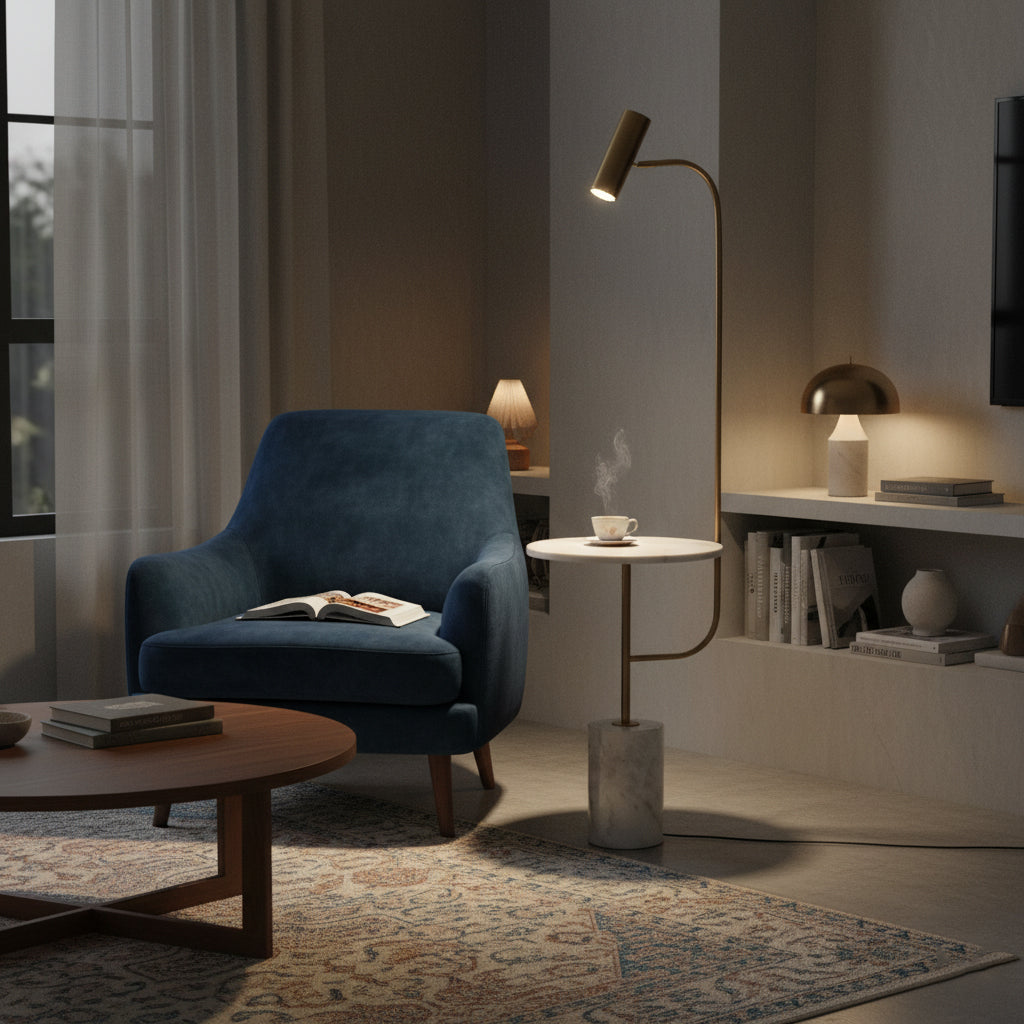 Tatum Floor Lamp - Natural Copper & White Marble Floor Light | Modern Adjustable Standing Lamp