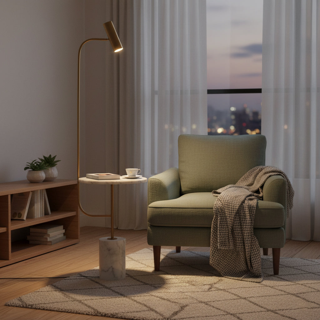Tatum Floor Lamp - Natural Copper & White Marble Floor Light | Modern Adjustable Standing Lamp
