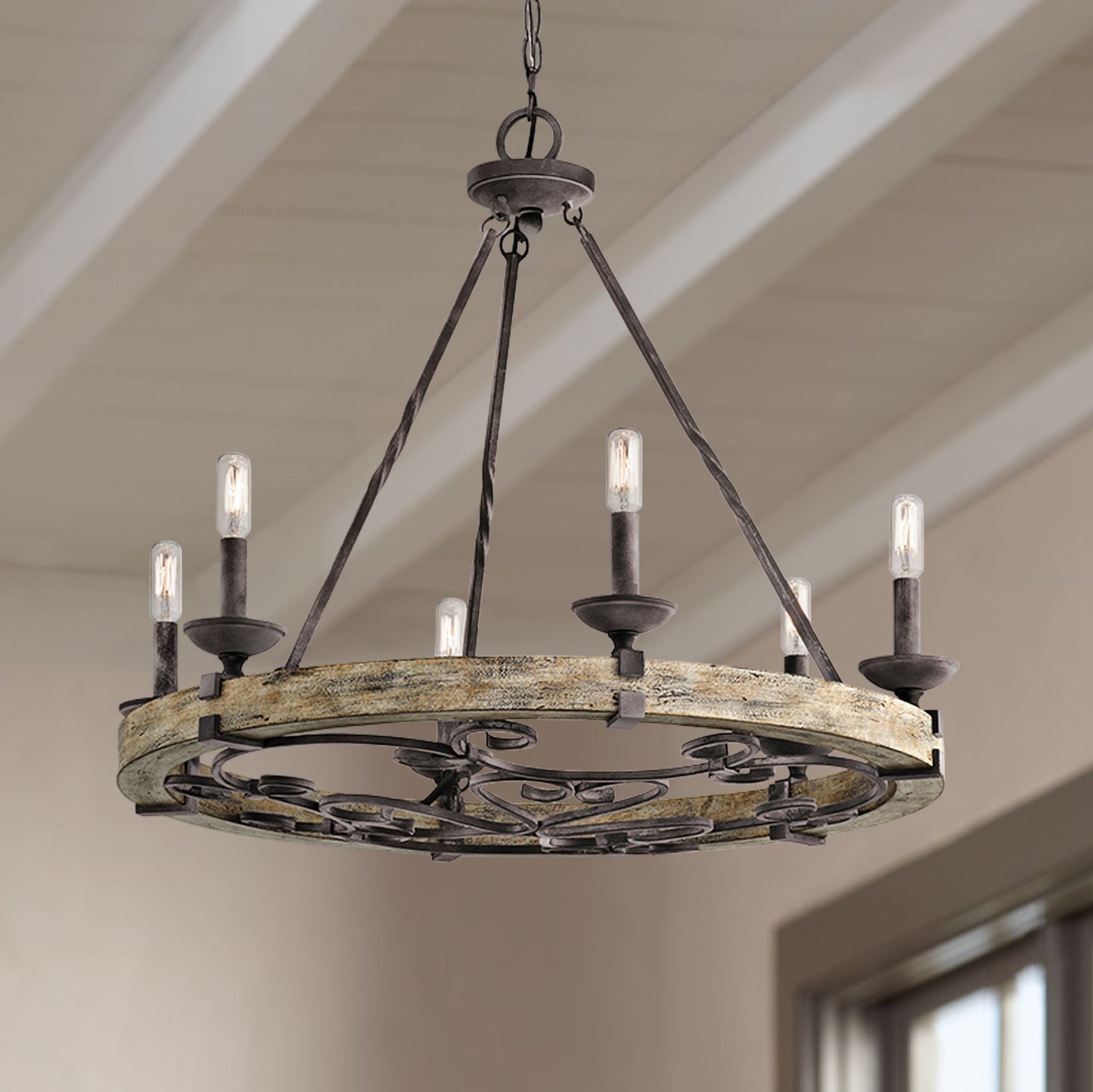 Taulbee Chandelier - Old Wood & Weathered Zinc Chandelier | Lodge-Inspired Rustic Wagon Wheel Light
