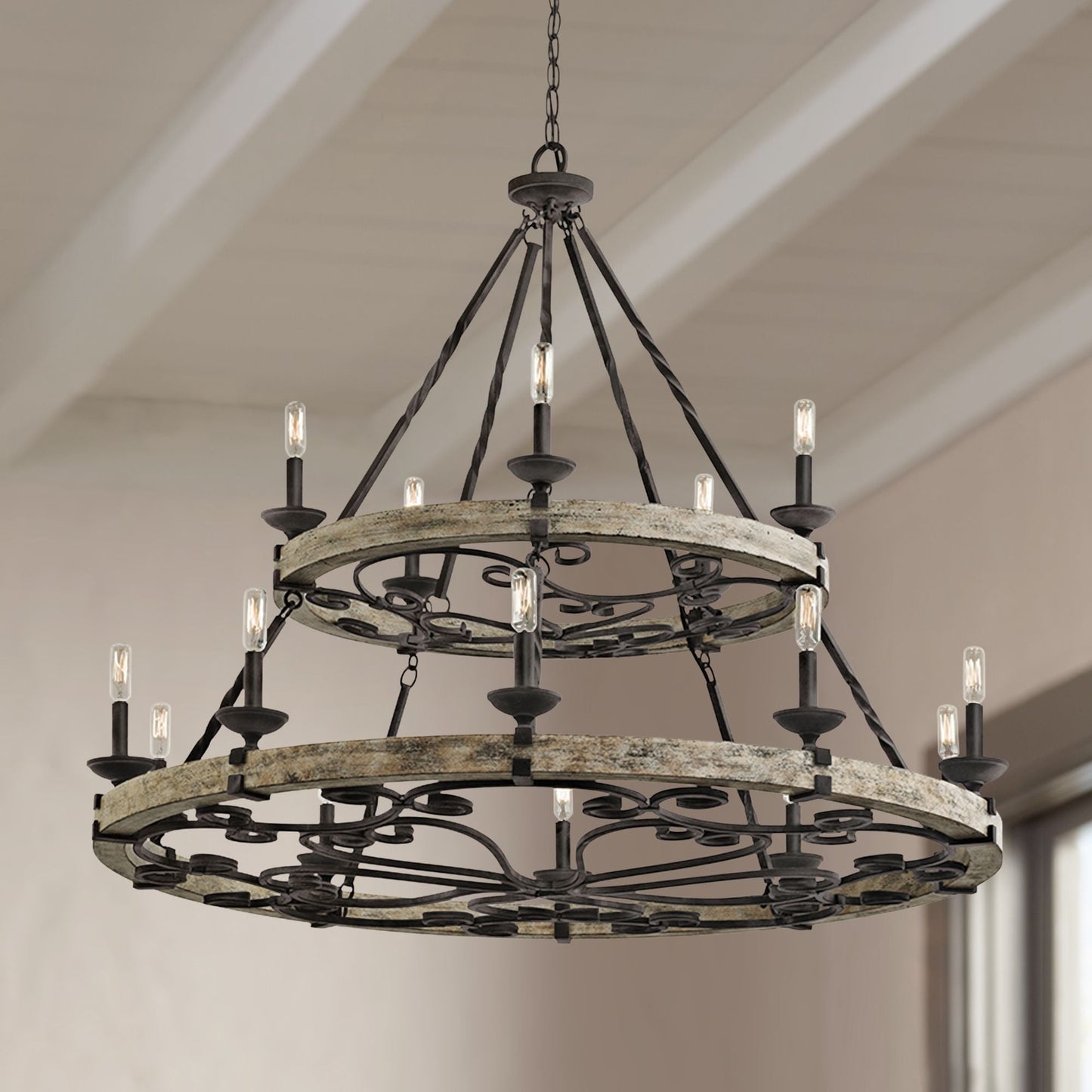 Taulbee Chandelier - Old Wood & Weathered Zinc Chandelier | Lodge-Inspired Rustic Wagon Wheel Light