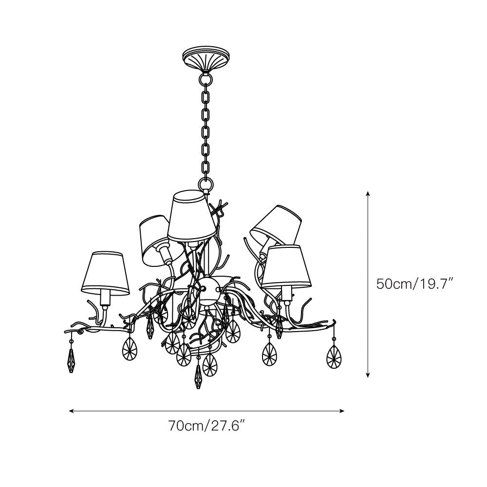 Tendril Chandelier - Handcrafted Brass & Crystal 6-Light Chandelier | Antique Fabric Shade Pendant