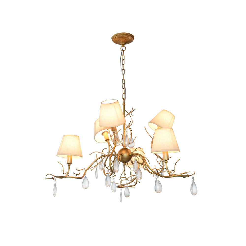 Tendril Chandelier - Handcrafted Brass & Crystal 6-Light Chandelier | Antique Fabric Shade Pendant