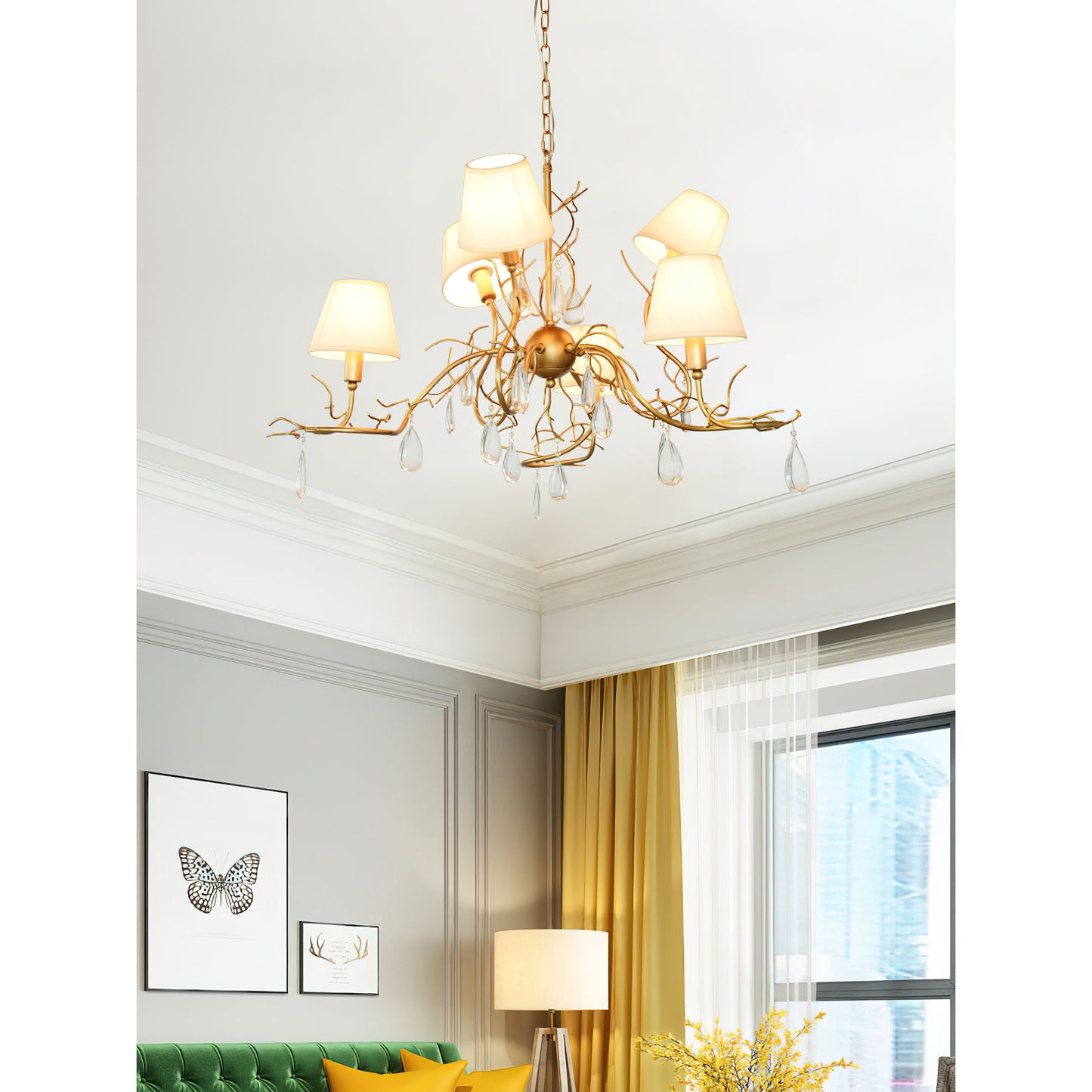Tendril Chandelier - Handcrafted Brass & Crystal 6-Light Chandelier | Antique Fabric Shade Pendant