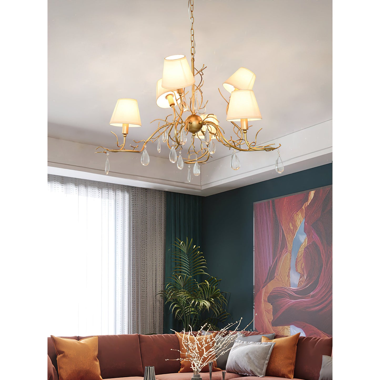 Tendril Chandelier - Handcrafted Brass & Crystal 6-Light Chandelier | Antique Fabric Shade Pendant
