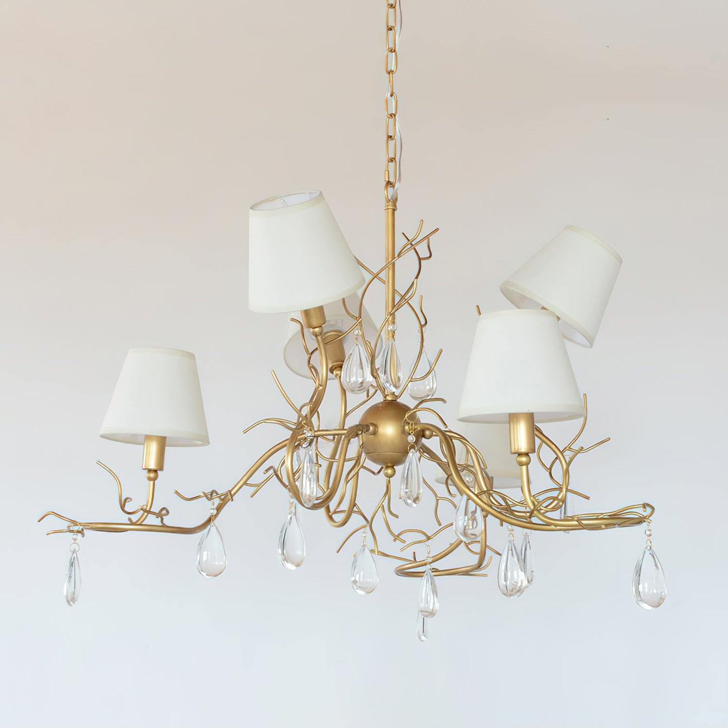 Tendril Chandelier - Handcrafted Brass & Crystal 6-Light Chandelier | Antique Fabric Shade Pendant