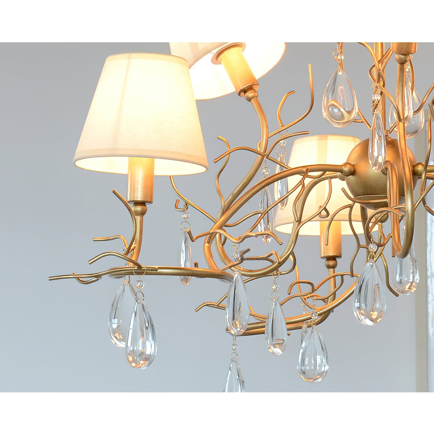 Tendril Chandelier - Handcrafted Brass & Crystal 6-Light Chandelier | Antique Fabric Shade Pendant