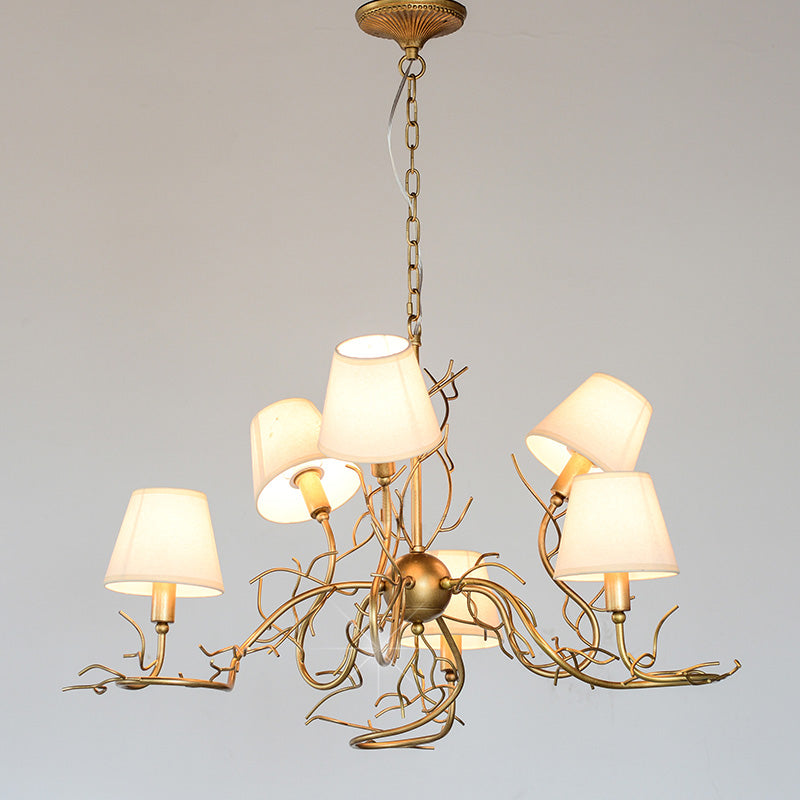 Tendril Chandelier - Handcrafted Brass & Crystal 6-Light Chandelier | Antique Fabric Shade Pendant