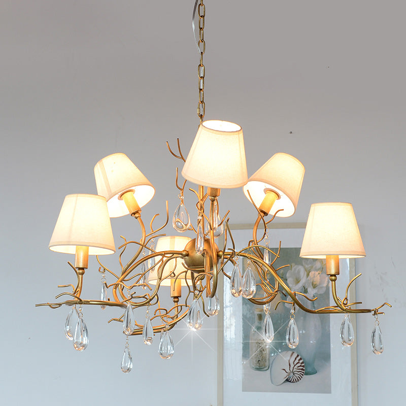 Tendril Chandelier - Handcrafted Brass & Crystal 6-Light Chandelier | Antique Fabric Shade Pendant