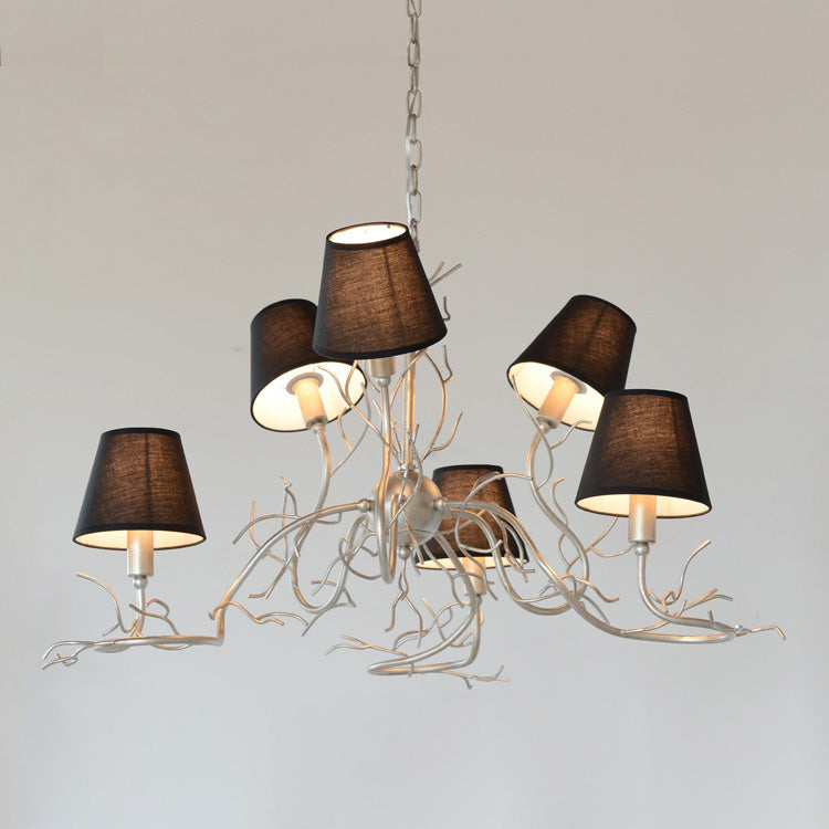 Tendril Chandelier - Handcrafted Brass & Crystal 6-Light Chandelier | Antique Fabric Shade Pendant