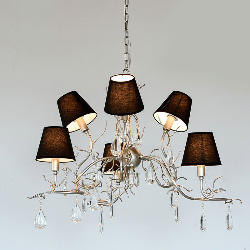 Tendril Chandelier - Handcrafted Brass & Crystal 6-Light Chandelier | Antique Fabric Shade Pendant