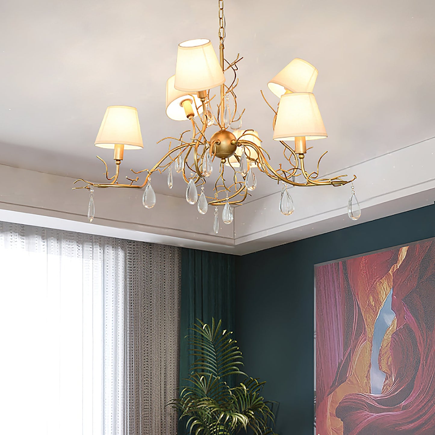 Tendril Chandelier - Handcrafted Brass & Crystal 6-Light Chandelier | Antique Fabric Shade Pendant