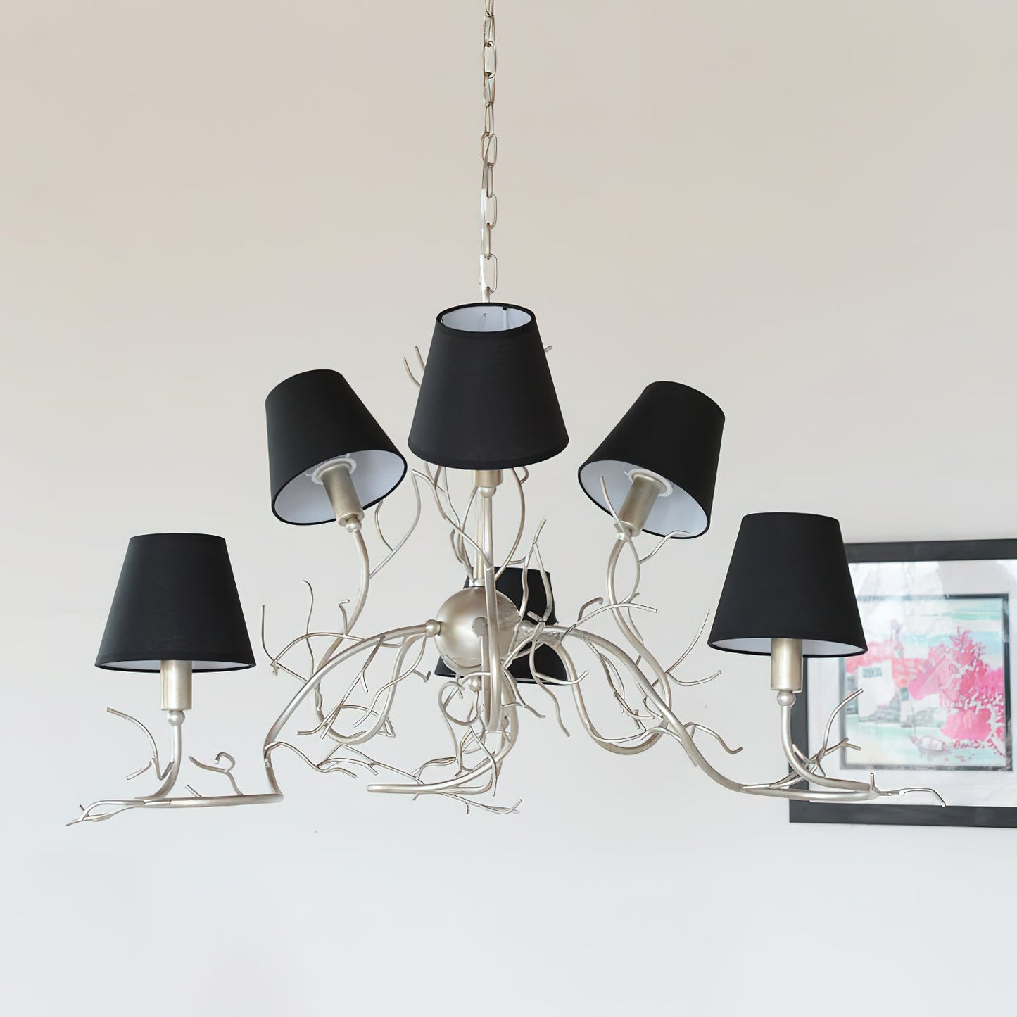 Tendril Chandelier - Handcrafted Brass & Crystal 6-Light Chandelier | Antique Fabric Shade Pendant