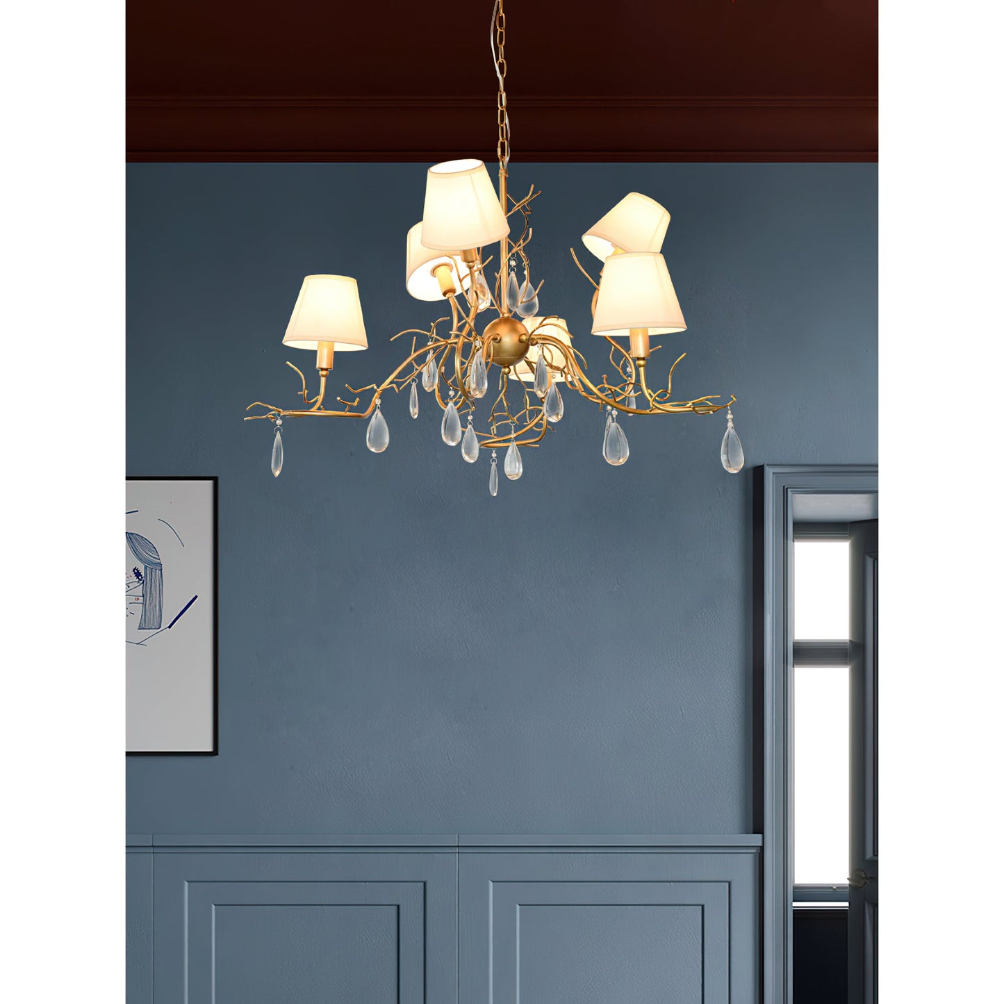 Tendril Chandelier - Handcrafted Brass & Crystal 6-Light Chandelier | Antique Fabric Shade Pendant