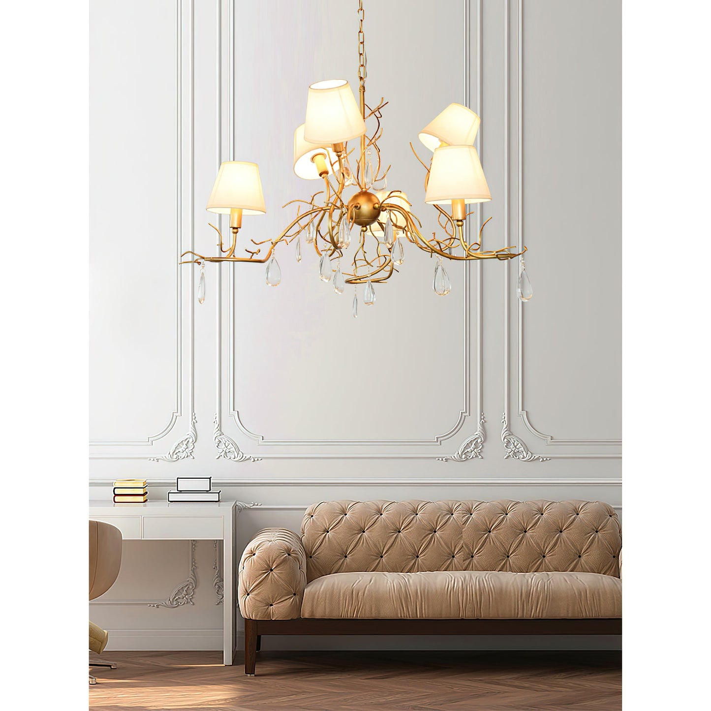 Tendril Chandelier - Handcrafted Brass & Crystal 6-Light Chandelier | Antique Fabric Shade Pendant