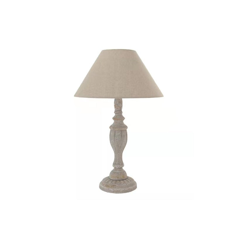 Teos Table Lamp - Spindle Carved Wood Table Light | Modern Farmhouse Linen Shade Accent Lamp