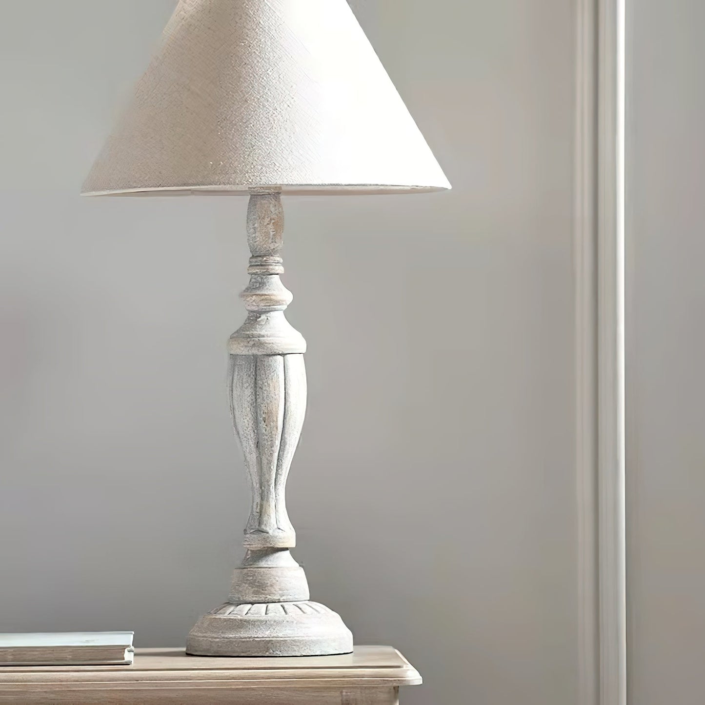 Teos Table Lamp - Spindle Carved Wood Table Light | Modern Farmhouse Linen Shade Accent Lamp