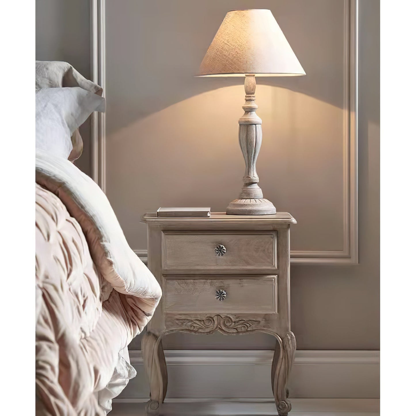 Teos Table Lamp - Spindle Carved Wood Table Light | Modern Farmhouse Linen Shade Accent Lamp