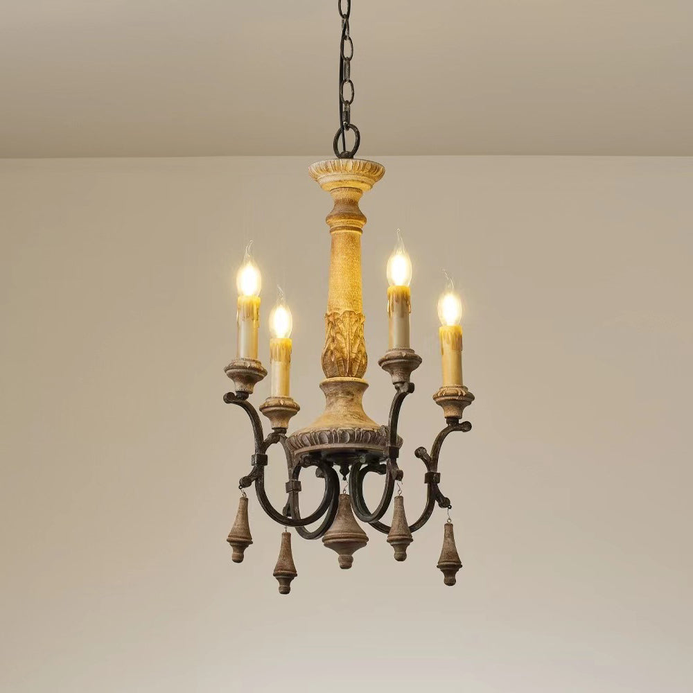 Teresina Chandelier - Hand-Carved Old Wood & Rust Iron Chandelier | Rustic French Country Hanging Light