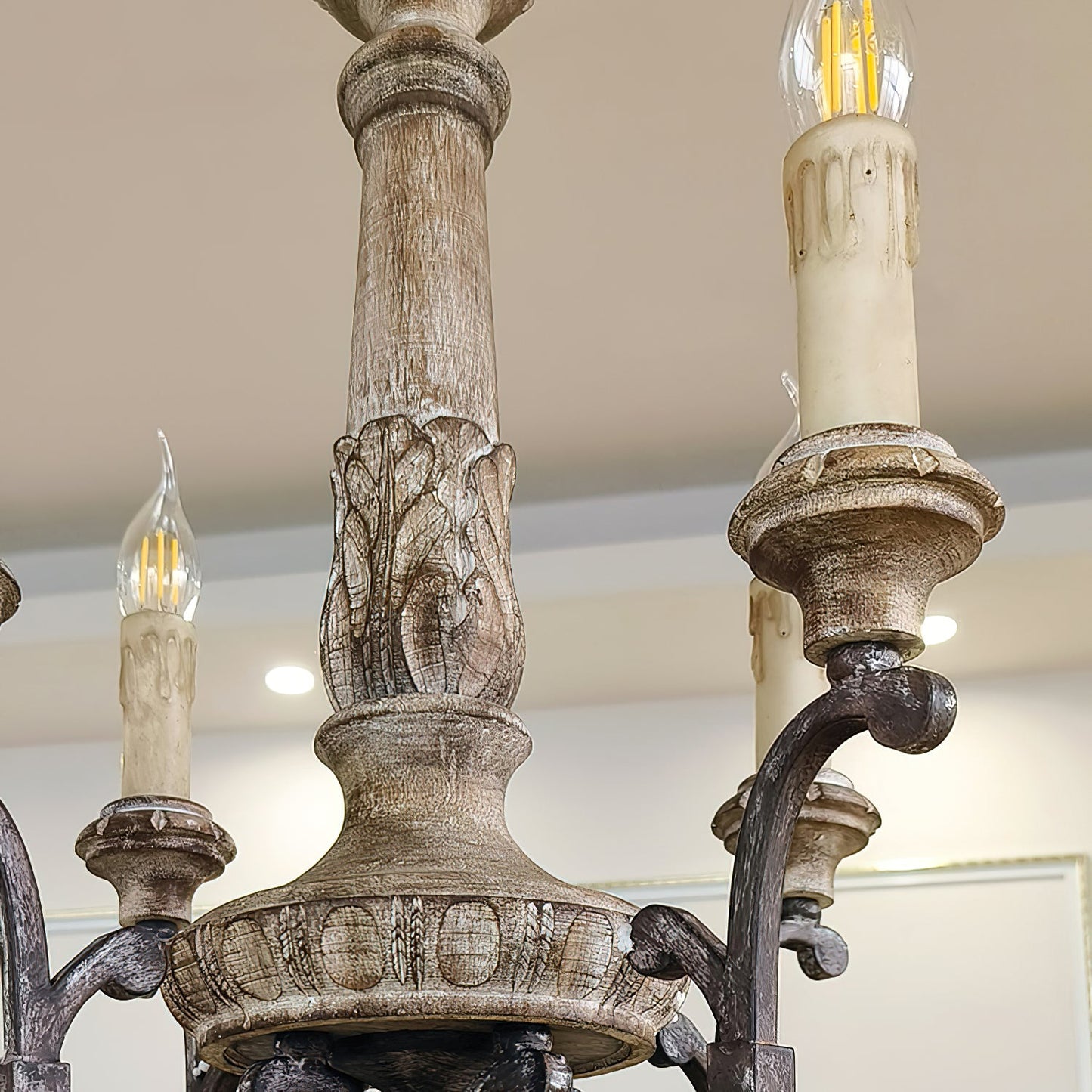 Teresina Chandelier - Hand-Carved Old Wood & Rust Iron Chandelier | Rustic French Country Hanging Light