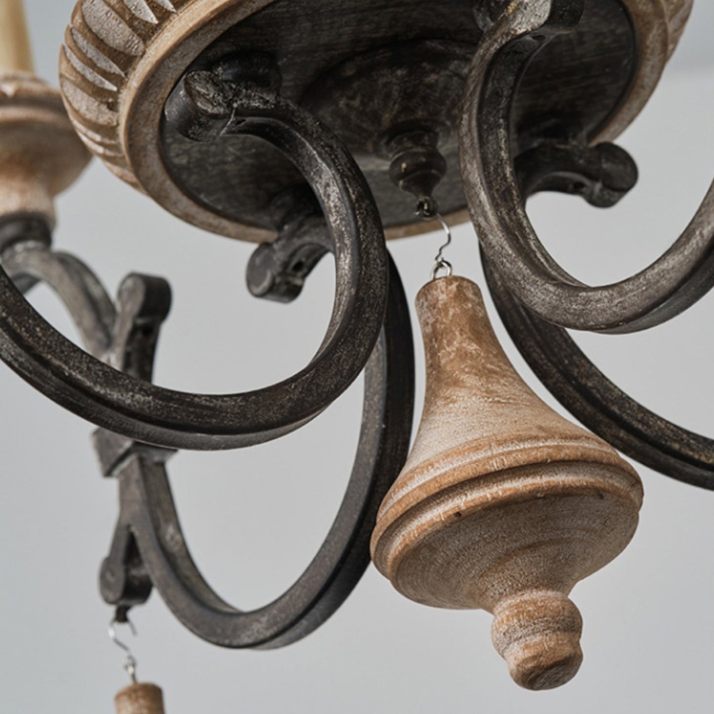 Teresina Chandelier - Hand-Carved Old Wood & Rust Iron Chandelier | Rustic French Country Hanging Light