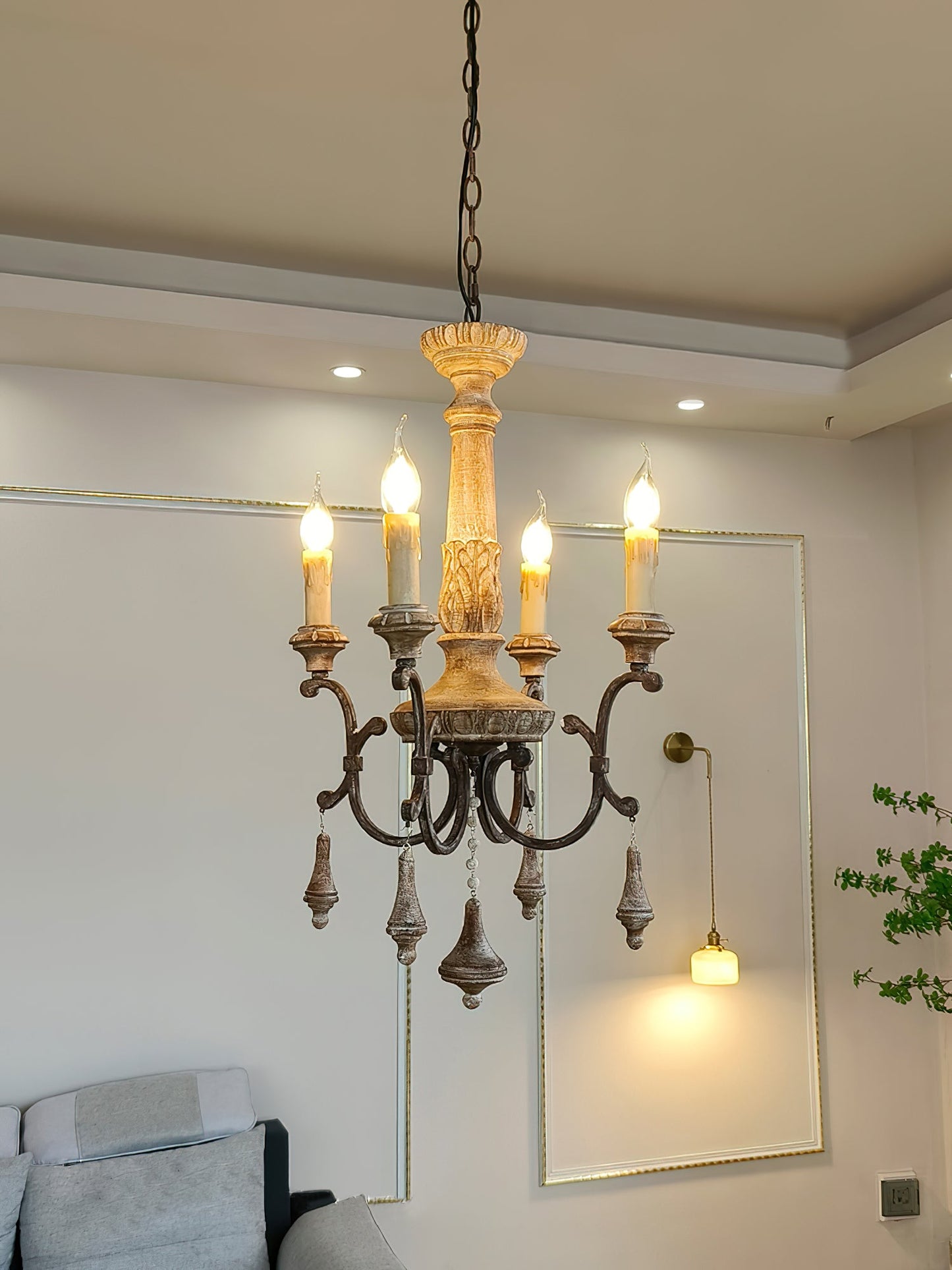 Teresina Chandelier - Hand-Carved Old Wood & Rust Iron Chandelier | Rustic French Country Hanging Light