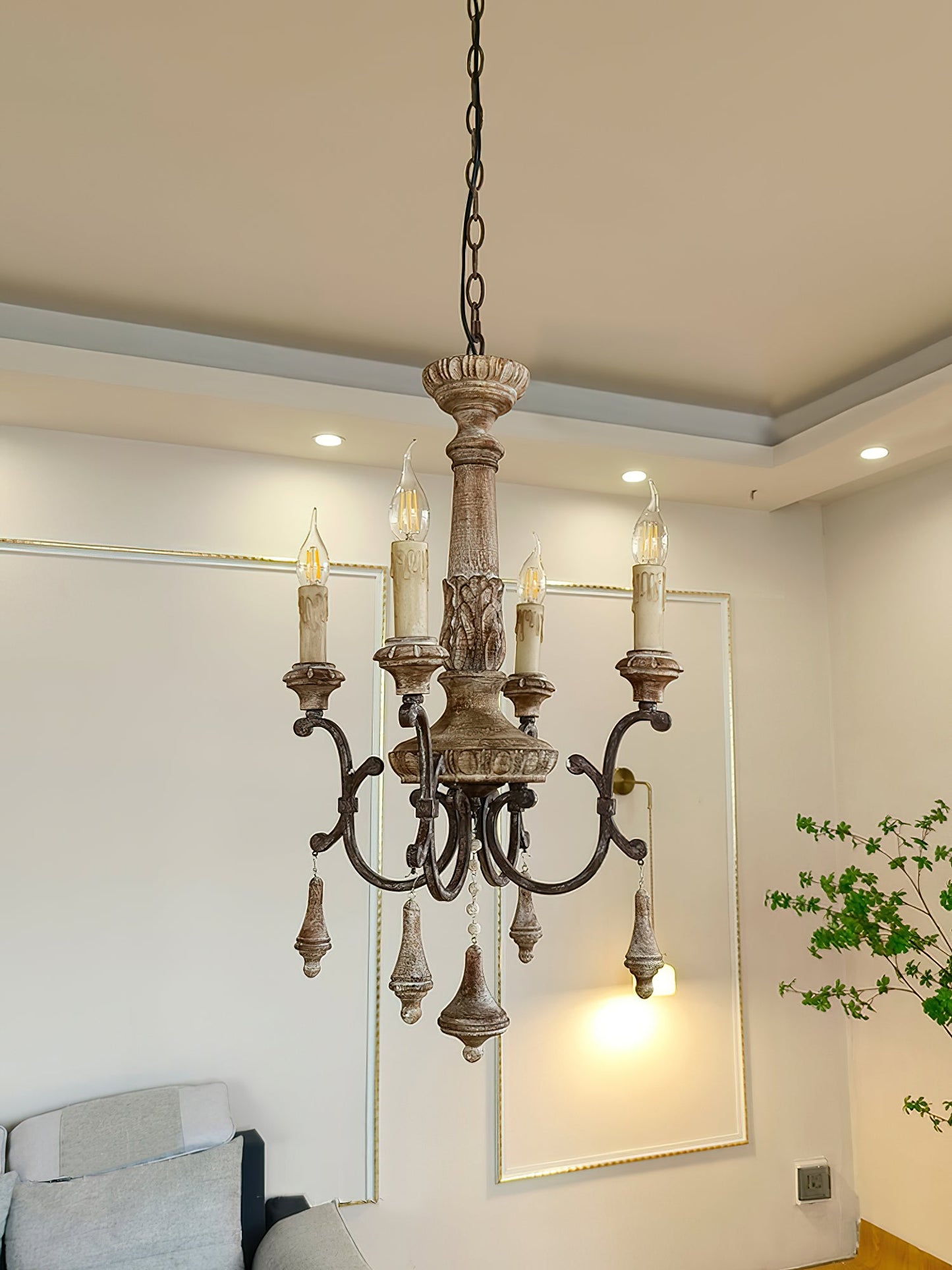 Teresina Chandelier - Hand-Carved Old Wood & Rust Iron Chandelier | Rustic French Country Hanging Light