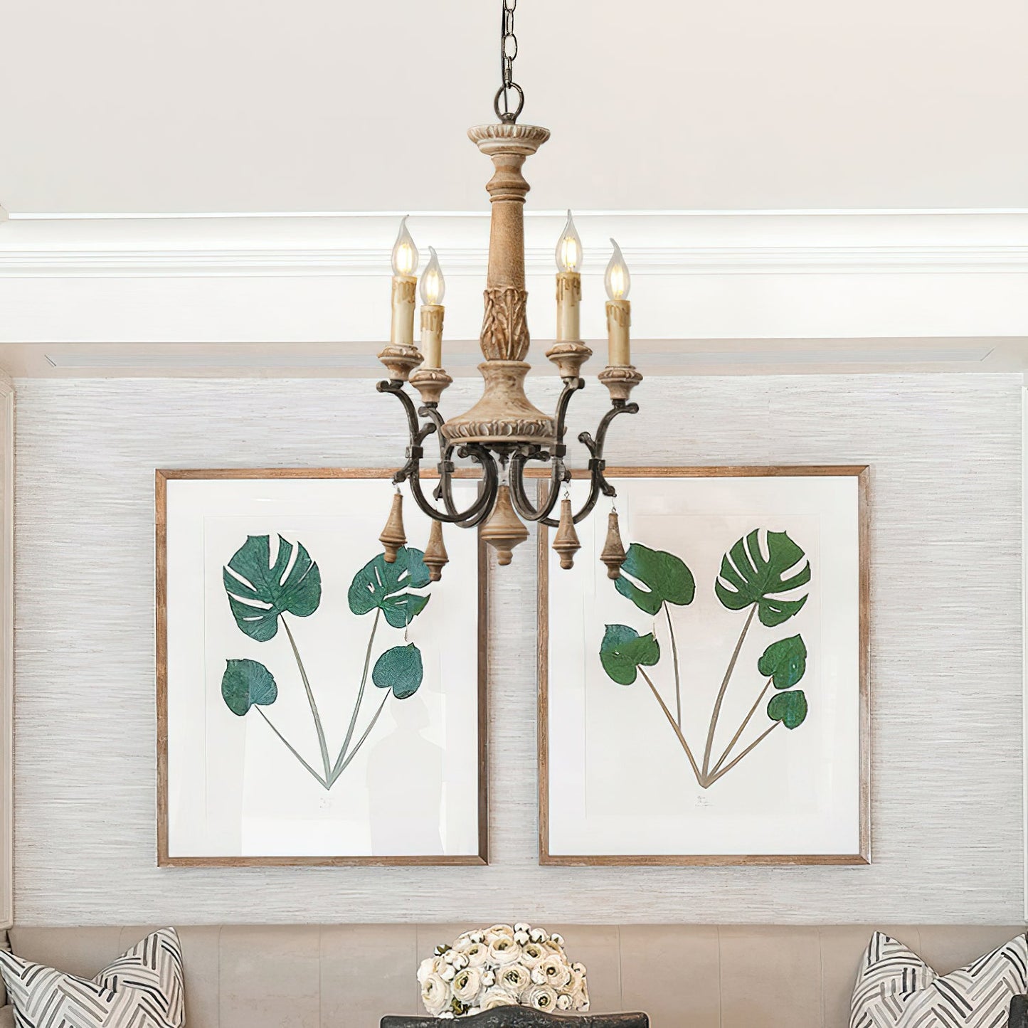 Teresina Chandelier - Hand-Carved Old Wood & Rust Iron Chandelier | Rustic French Country Hanging Light