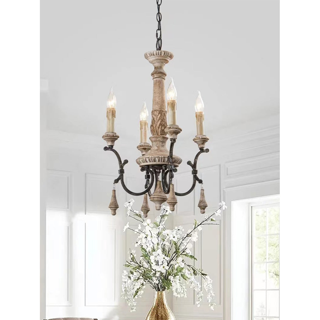 Teresina Chandelier - Hand-Carved Old Wood & Rust Iron Chandelier | Rustic French Country Hanging Light