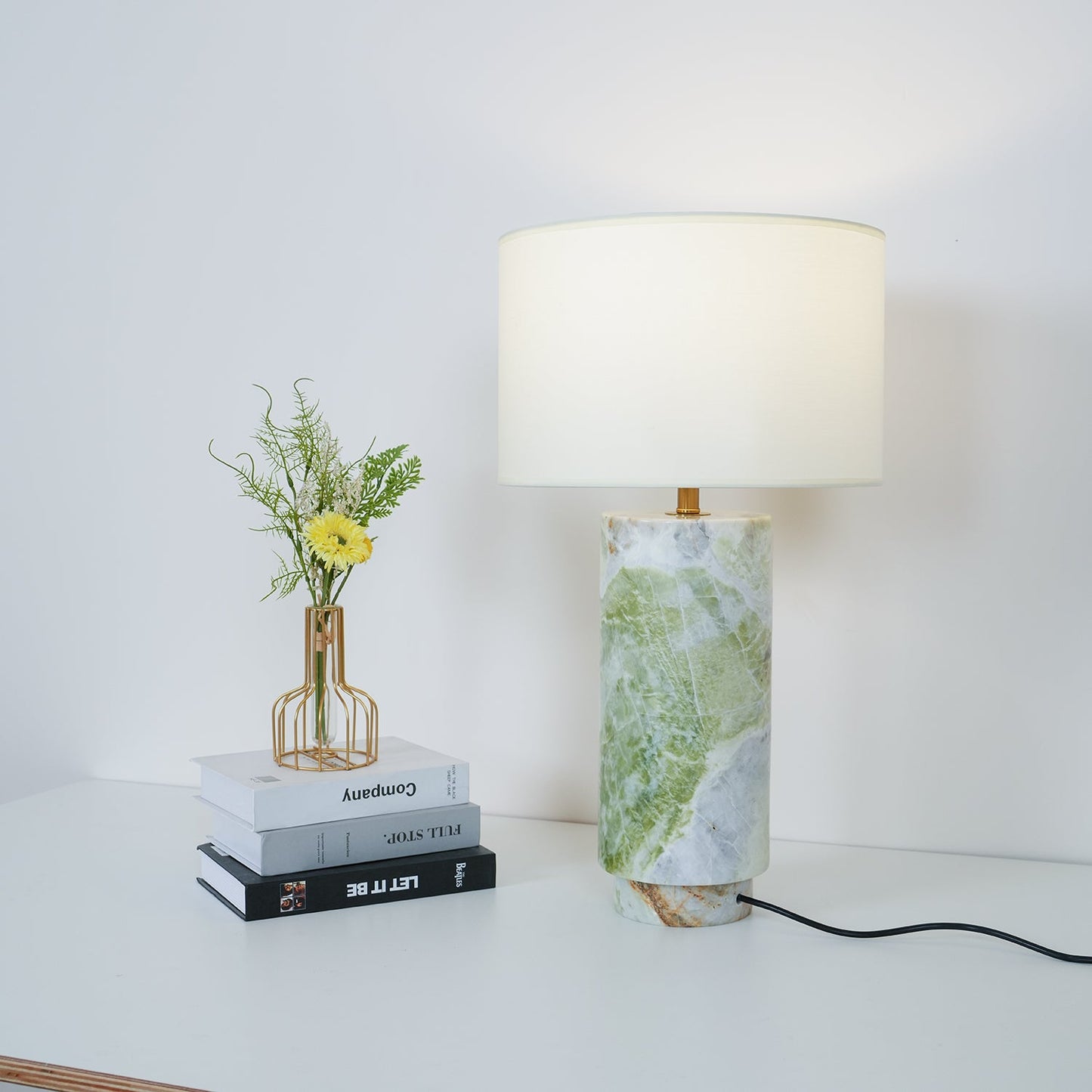 Terra Table Lamp - Green Marble Base Table Light | Fabric Shade Accent Lamp