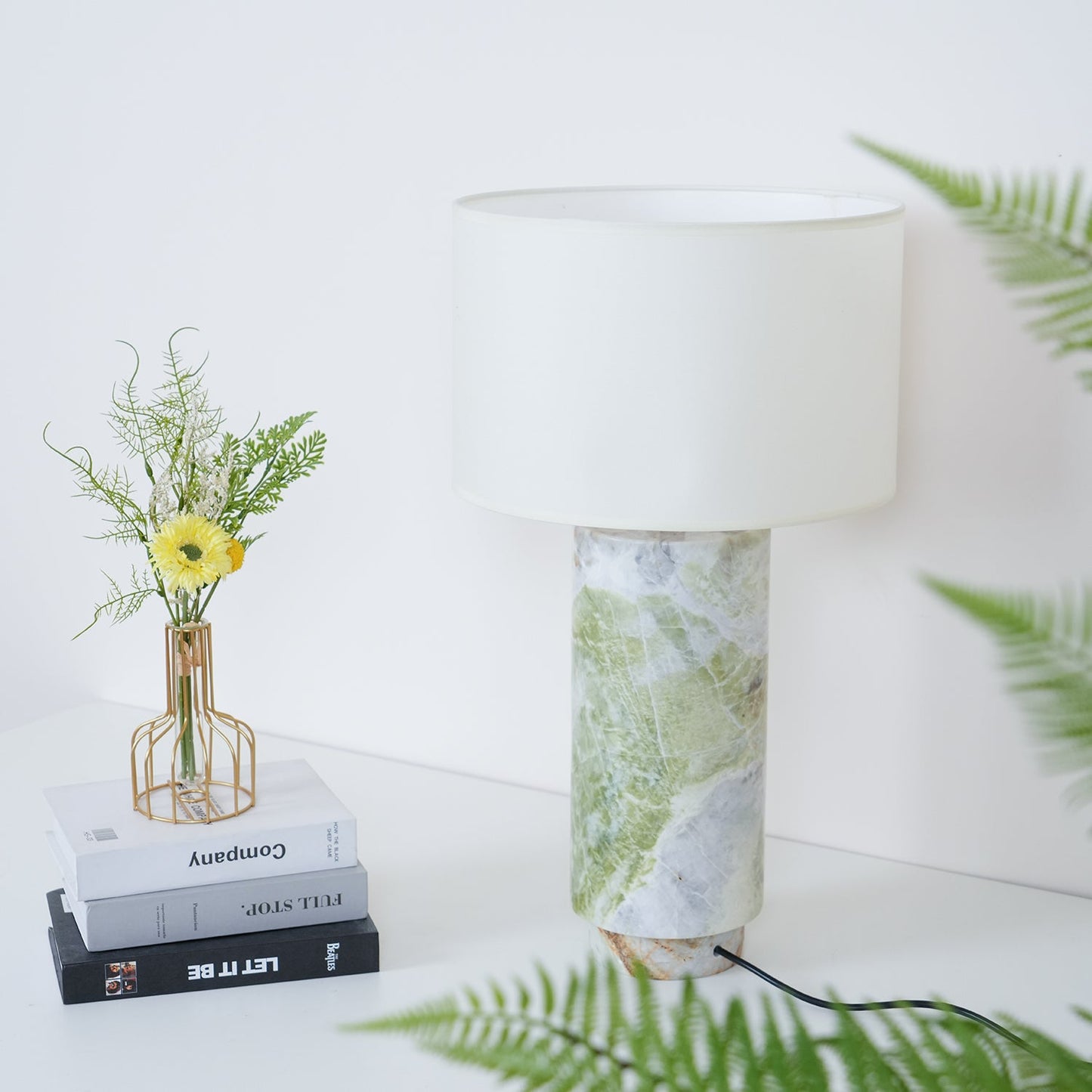 Terra Table Lamp - Green Marble Base Table Light | Fabric Shade Accent Lamp