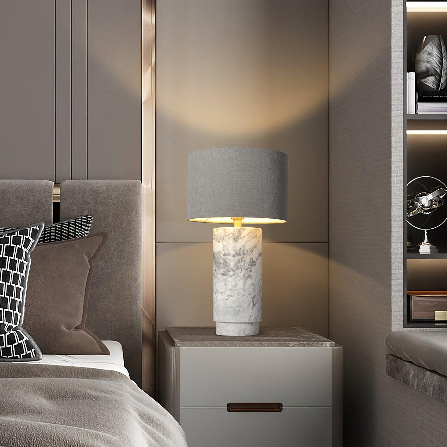 Terra Table Lamp - Green Marble Base Table Light | Fabric Shade Accent Lamp