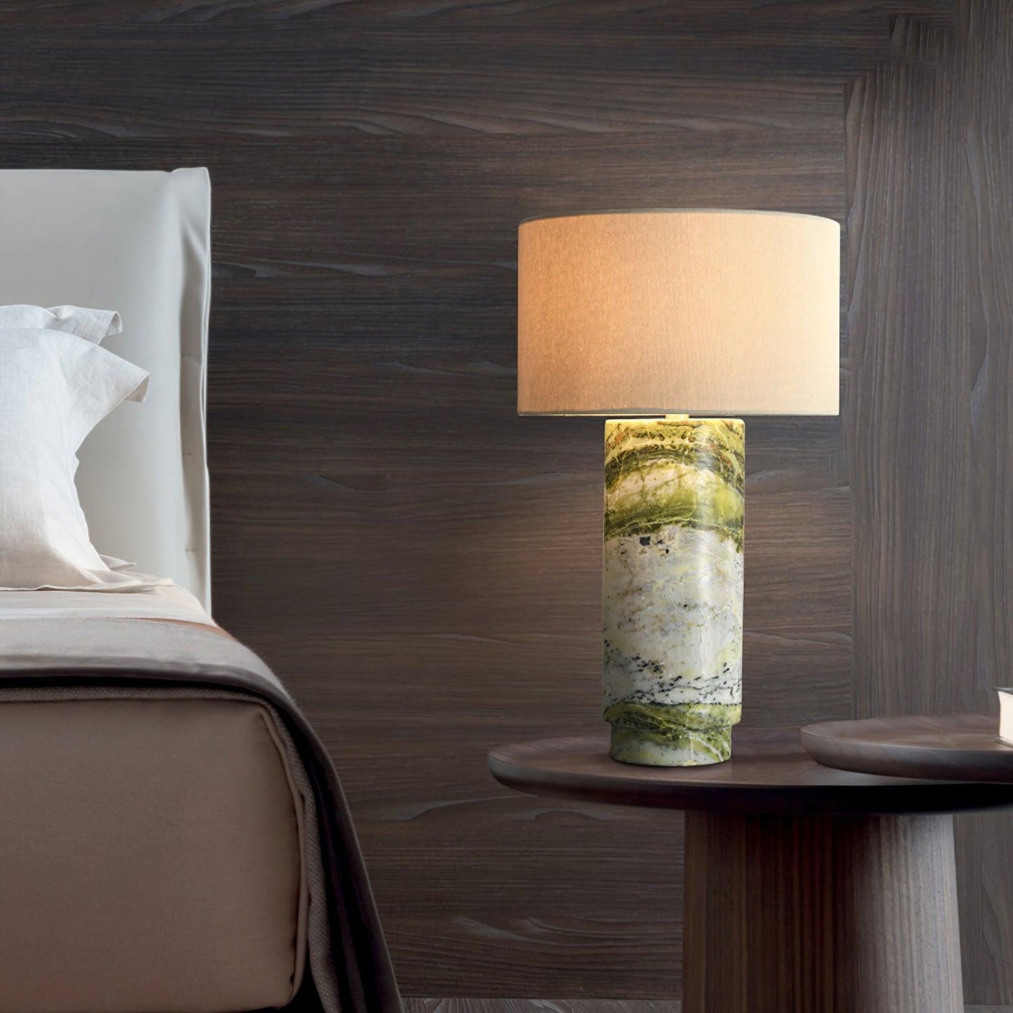 Terra Table Lamp - Green Marble Base Table Light | Fabric Shade Accent Lamp