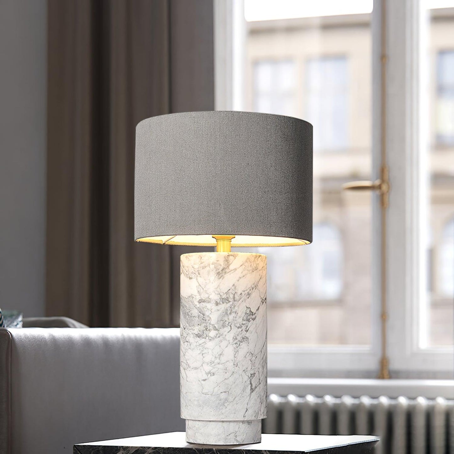 Terra Table Lamp - Green Marble Base Table Light | Fabric Shade Accent Lamp