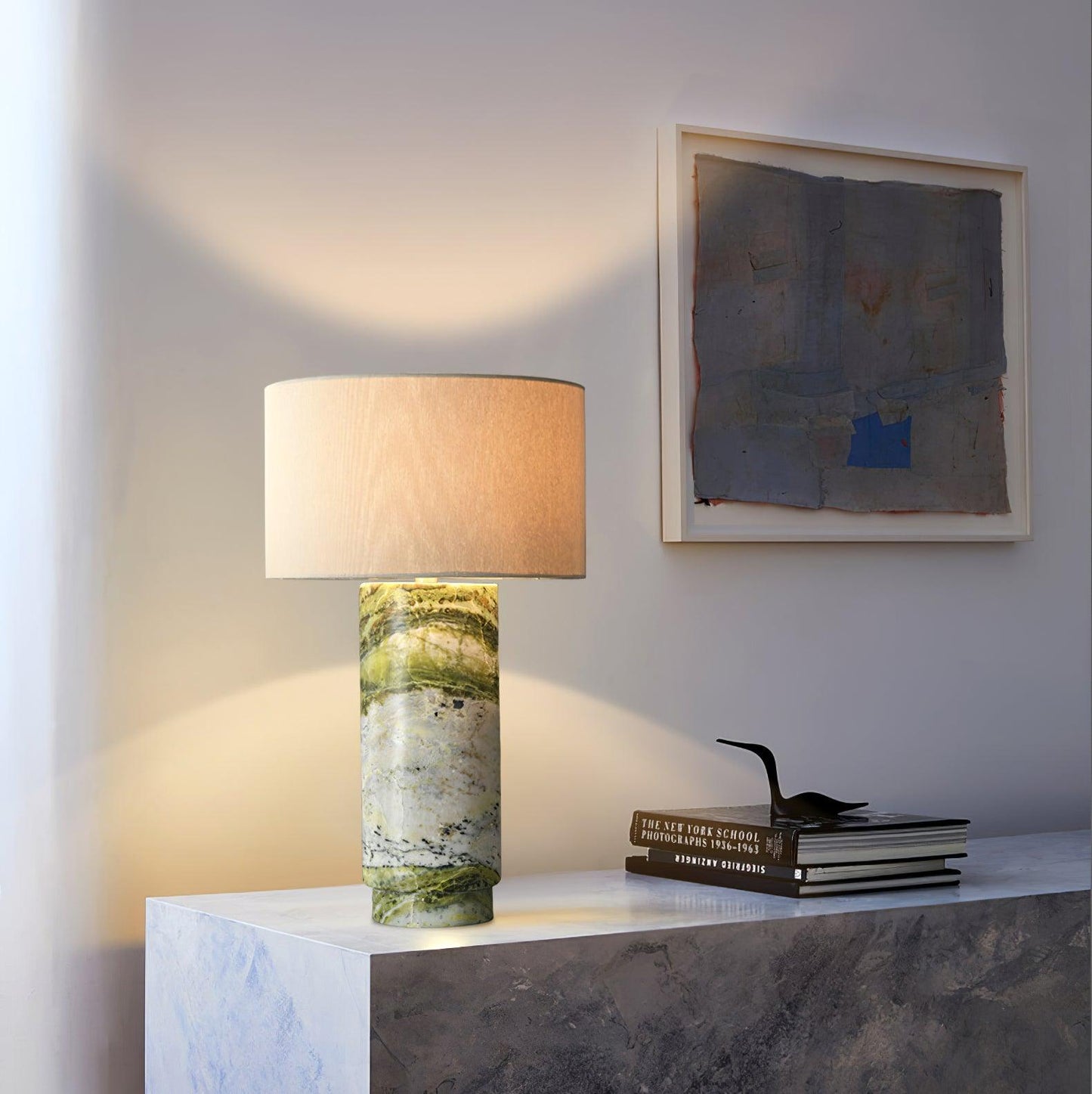 Terra Table Lamp - Green Marble Base Table Light | Fabric Shade Accent Lamp