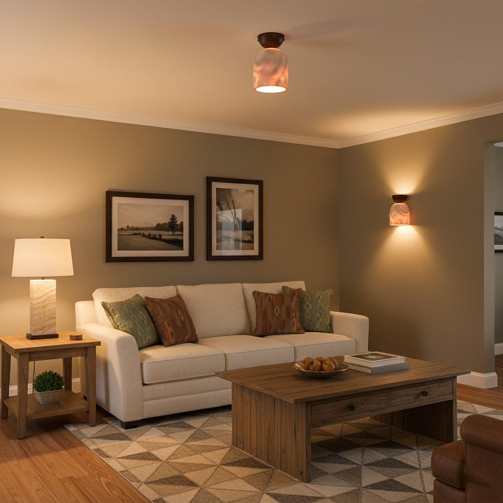 Terrene Cone Ceiling Lamp - Natural Wood & Travertine Flush Mount | Modern Organic Cone Ceiling Light