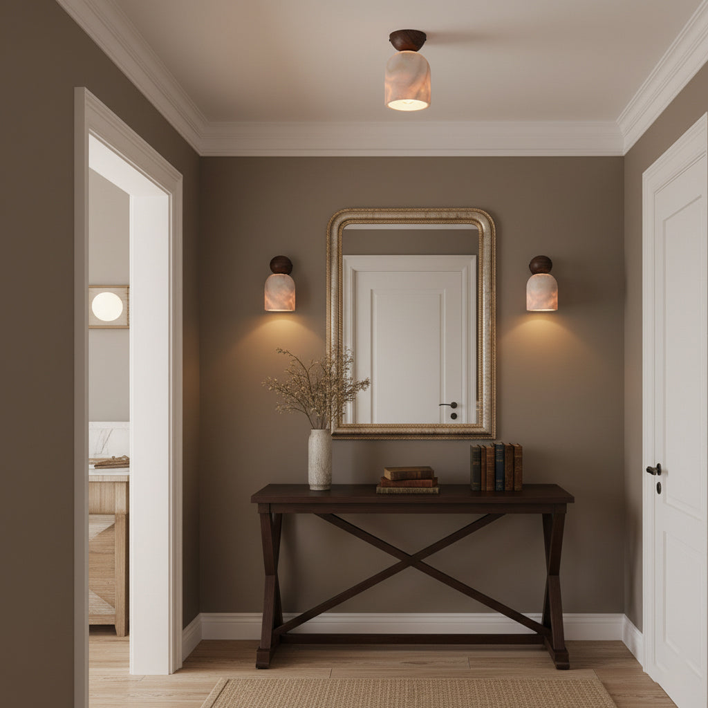 Terrene Cone Ceiling Lamp - Natural Wood & Travertine Flush Mount | Modern Organic Cone Ceiling Light