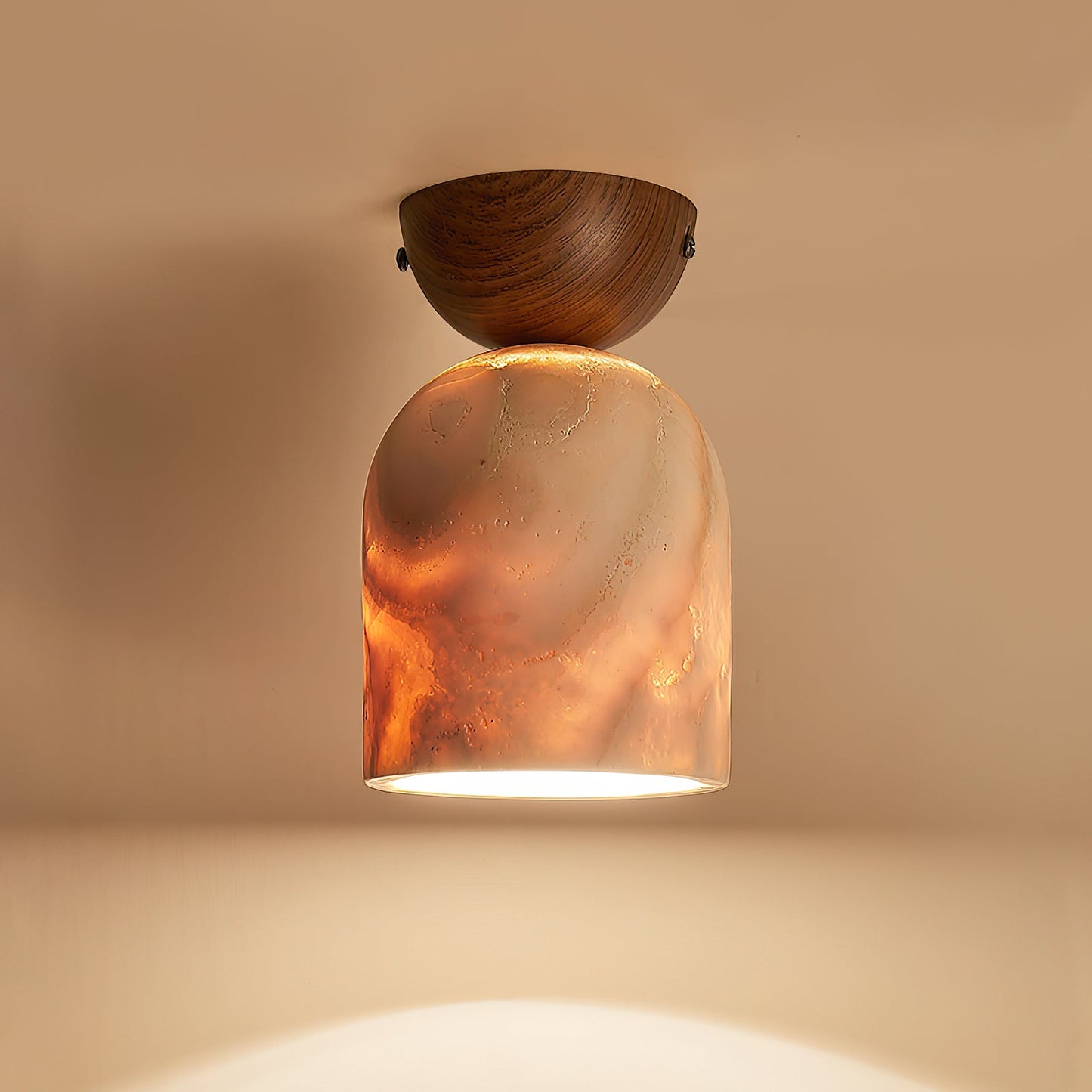 Terrene Cone Ceiling Lamp - Natural Wood & Travertine Flush Mount | Modern Organic Cone Ceiling Light