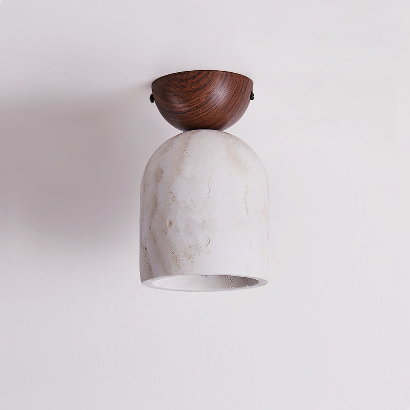 Terrene Cone Ceiling Lamp - Natural Wood & Travertine Flush Mount | Modern Organic Cone Ceiling Light