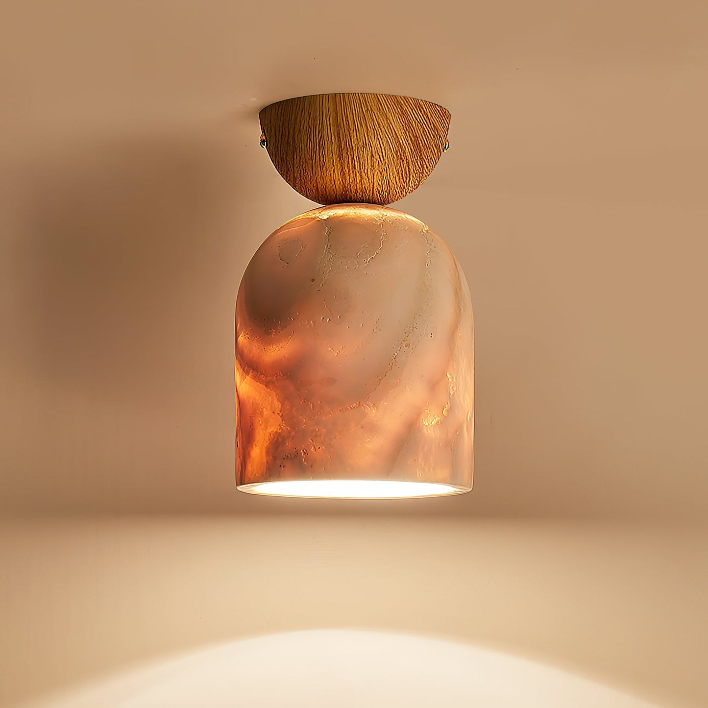 Terrene Cone Ceiling Lamp - Natural Wood & Travertine Flush Mount | Modern Organic Cone Ceiling Light