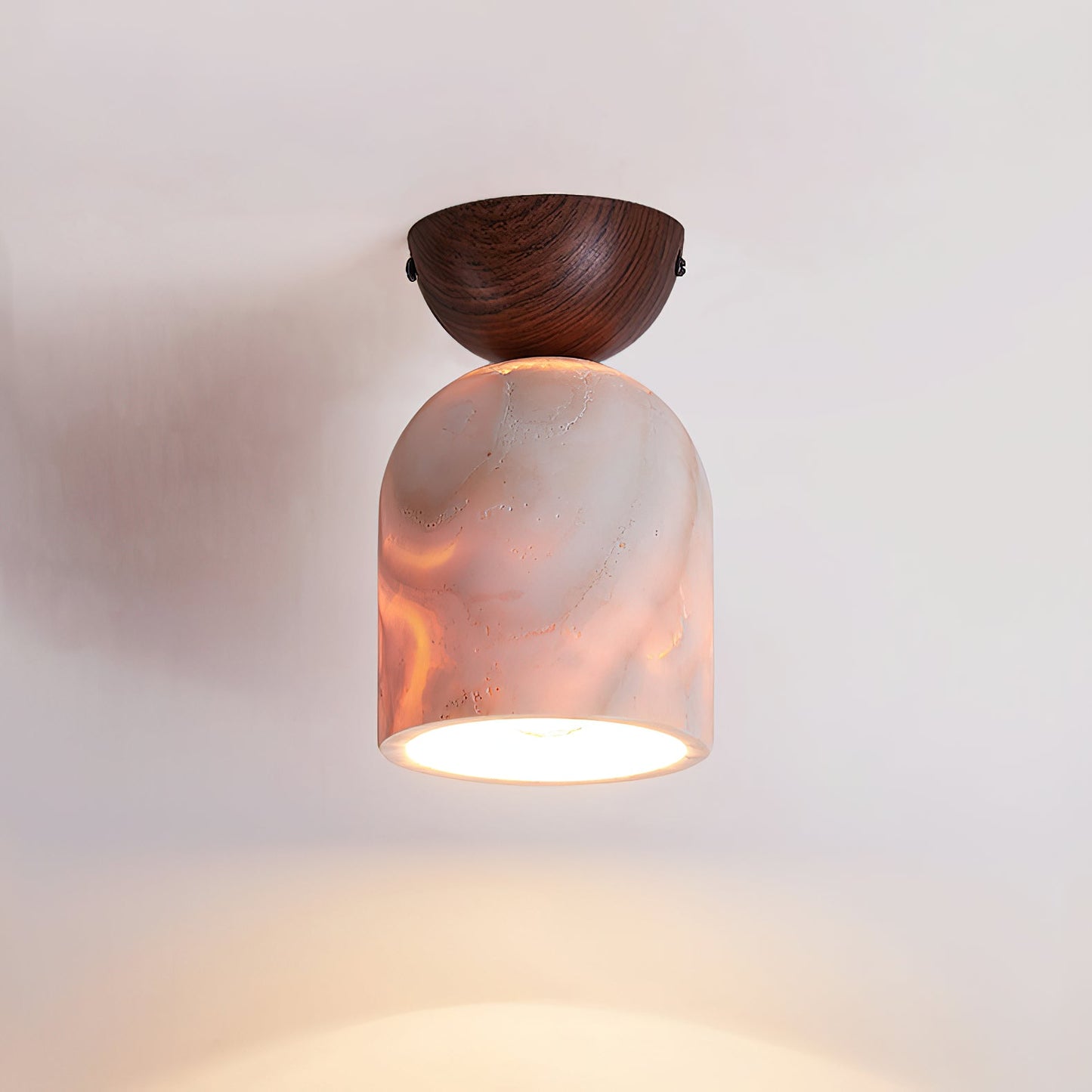Terrene Cone Ceiling Lamp - Natural Wood & Travertine Flush Mount | Modern Organic Cone Ceiling Light