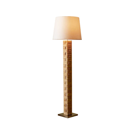 Textile Block Floor Lamp - Mid-Century Geometric Wooden & Hemp Rope Floor Light | Tall Fabric Shade Reading Lamp