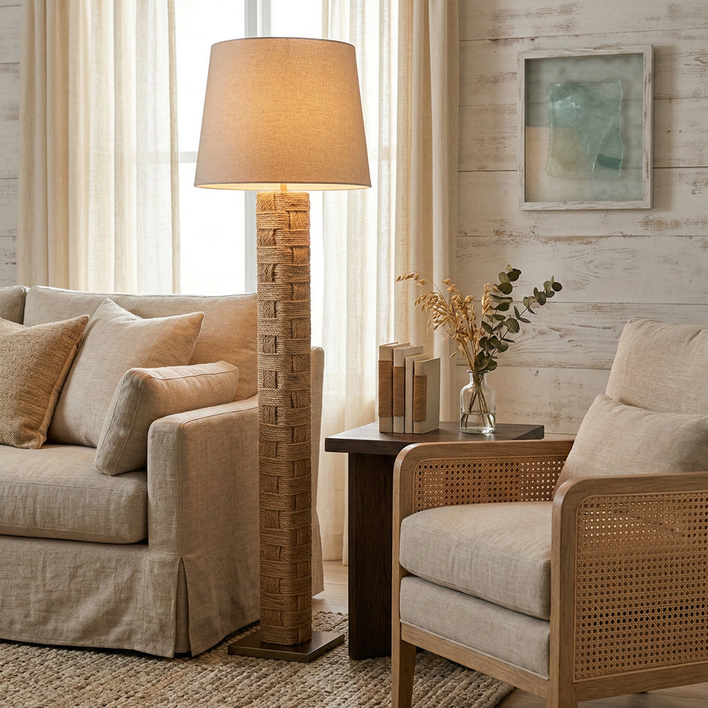 Textile Block Floor Lamp - Mid-Century Geometric Wooden & Hemp Rope Floor Light | Tall Fabric Shade Reading Lamp