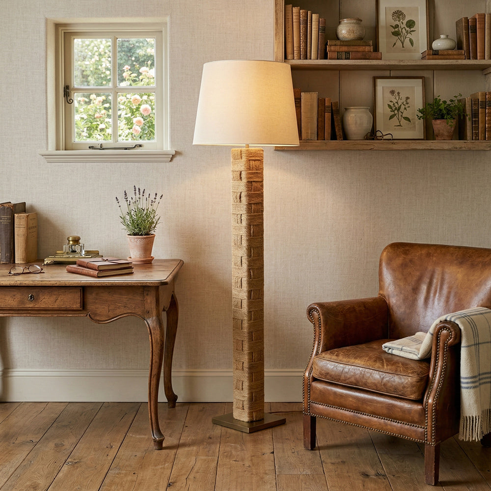Textile Block Floor Lamp - Mid-Century Geometric Wooden & Hemp Rope Floor Light | Tall Fabric Shade Reading Lamp
