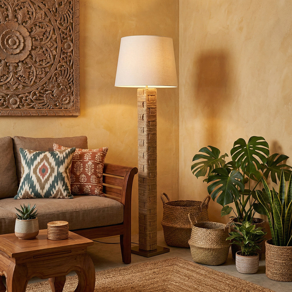 Textile Block Floor Lamp - Mid-Century Geometric Wooden & Hemp Rope Floor Light | Tall Fabric Shade Reading Lamp