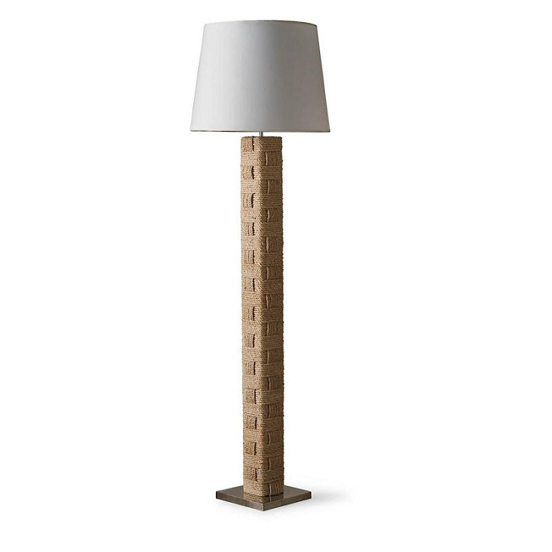 Textile Block Floor Lamp - Mid-Century Geometric Wooden & Hemp Rope Floor Light | Tall Fabric Shade Reading Lamp