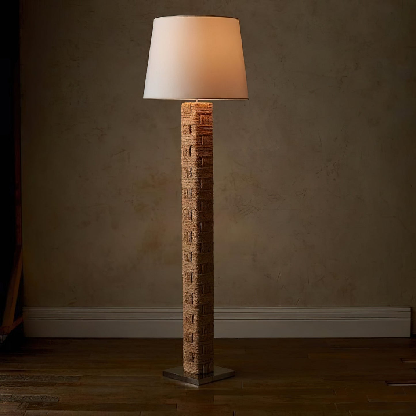 Textile Block Floor Lamp - Mid-Century Geometric Wooden & Hemp Rope Floor Light | Tall Fabric Shade Reading Lamp