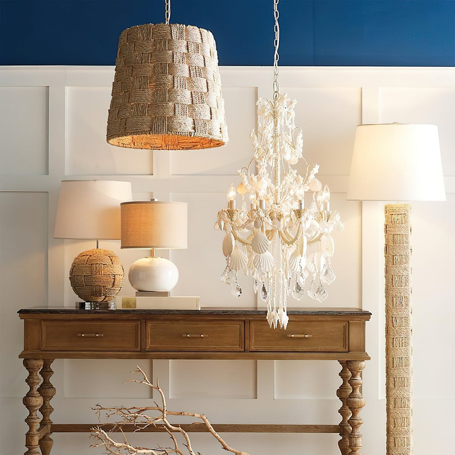 Textile Block Floor Lamp - Mid-Century Geometric Wooden & Hemp Rope Floor Light | Tall Fabric Shade Reading Lamp