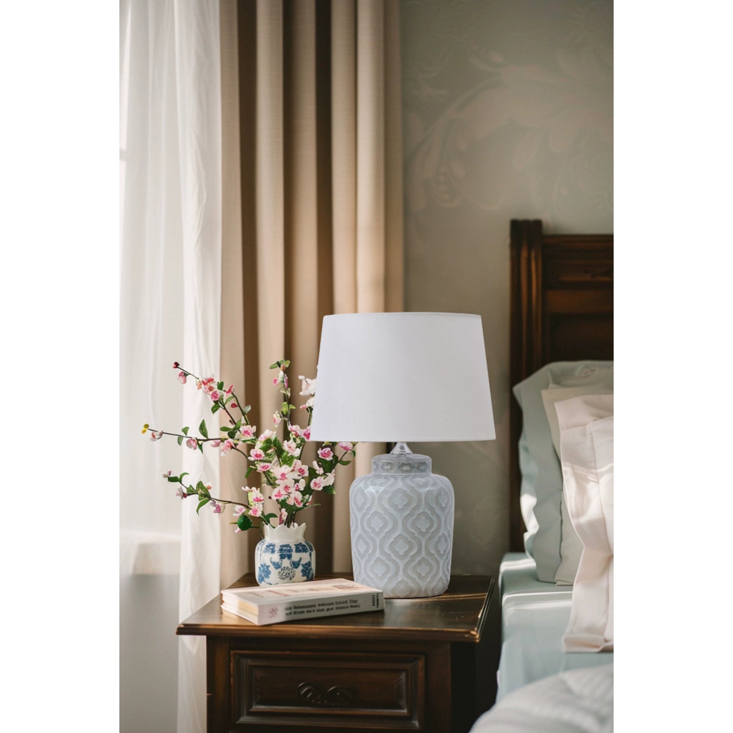 Textured Jar Table Lamp - Ceramic Jar Base Table Light | Tapered Fabric Shade Bedside Lamp