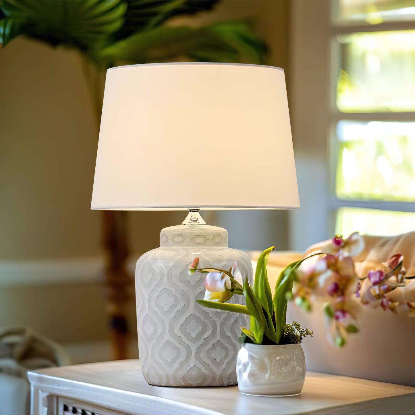 Textured Jar Table Lamp - Ceramic Jar Base Table Light | Tapered Fabric Shade Bedside Lamp