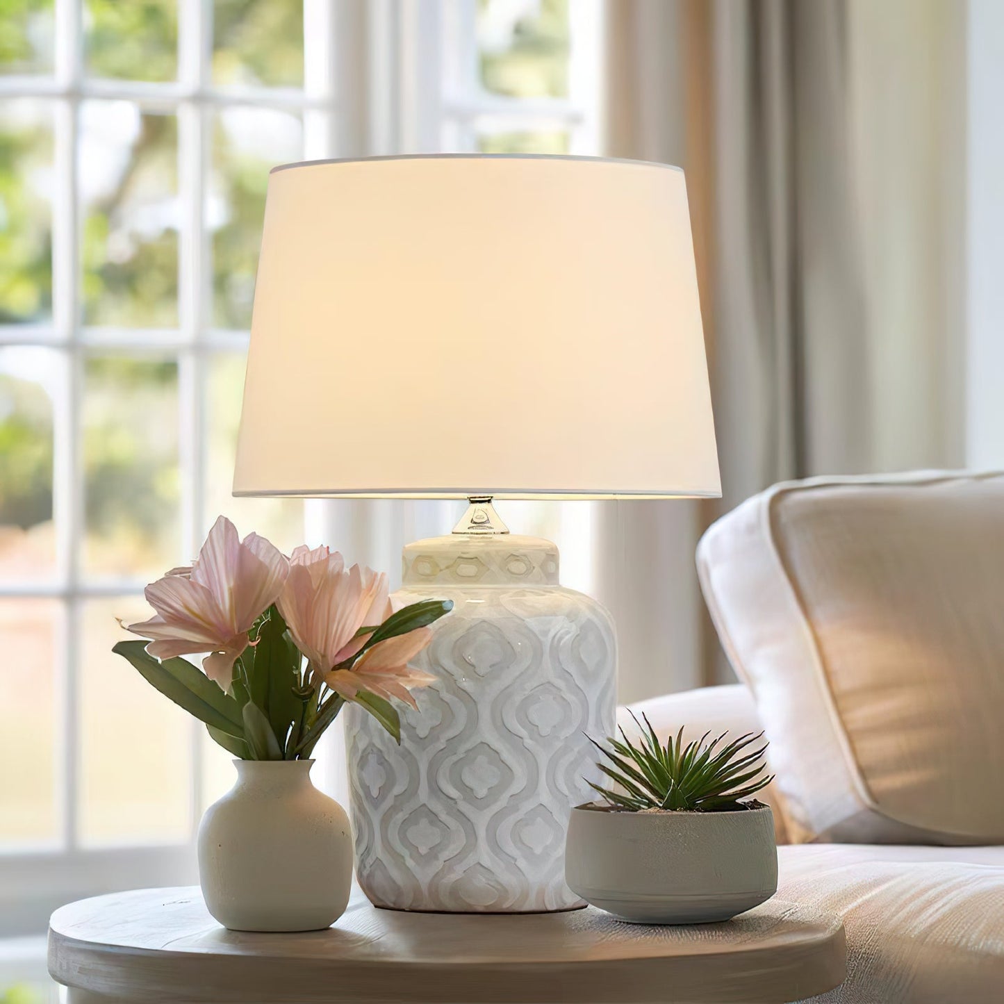 Textured Jar Table Lamp - Ceramic Jar Base Table Light | Tapered Fabric Shade Bedside Lamp